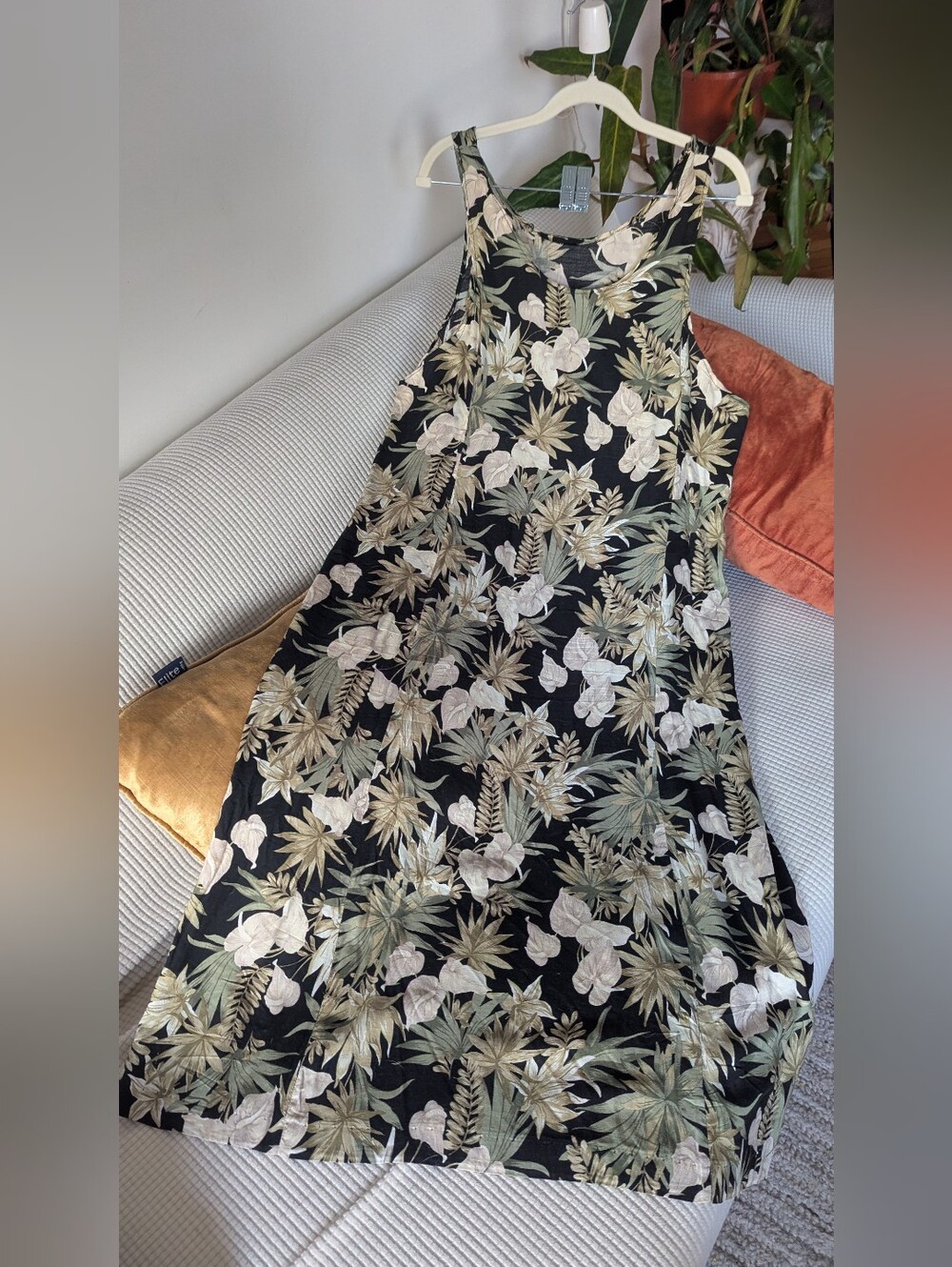 90s Black Maxi Dress with Green and Cream Botanical Print